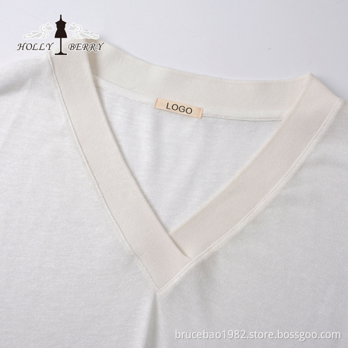 Lightweight Summer Solid Knitted V-neck White Shirt